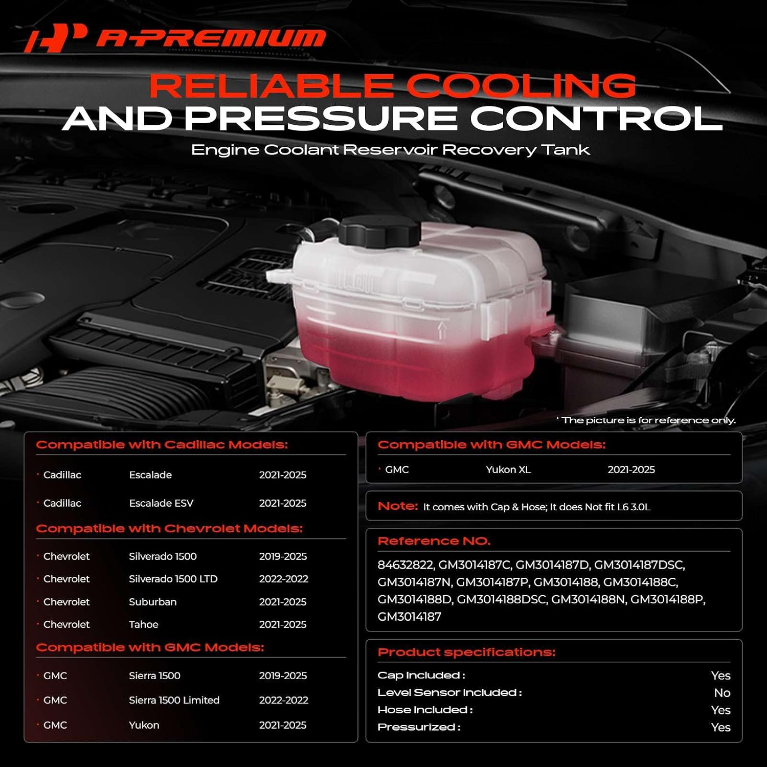 A-Premium Engine Coolant Overflow Recovery Reservoir Tank [with Cap & Hose] Compatible with Chevrolet Silverado 1500 LTD, Tahoe, Suburban & GMC Sierra 1500 Limited, Yukon XL & Cadillac Escalade ESV