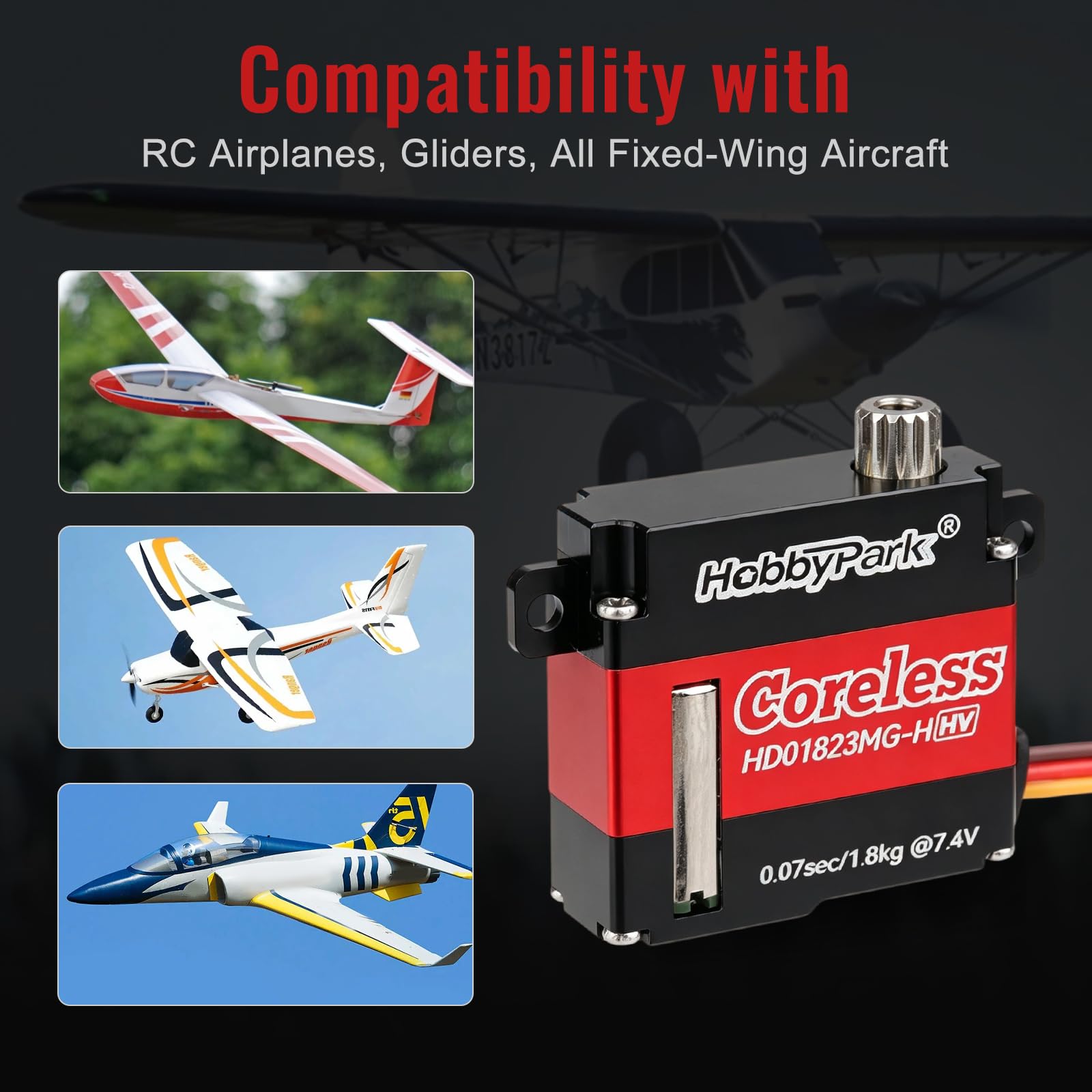 HobbyPark Servo per aereo RC Motore Coreless Tutti gli ingranaggi in metallo Servo digitale ad alta velocità per RC Aircraft Glider Aereo Ala Servo Parti ad ala fissa (w/Top Tabs)