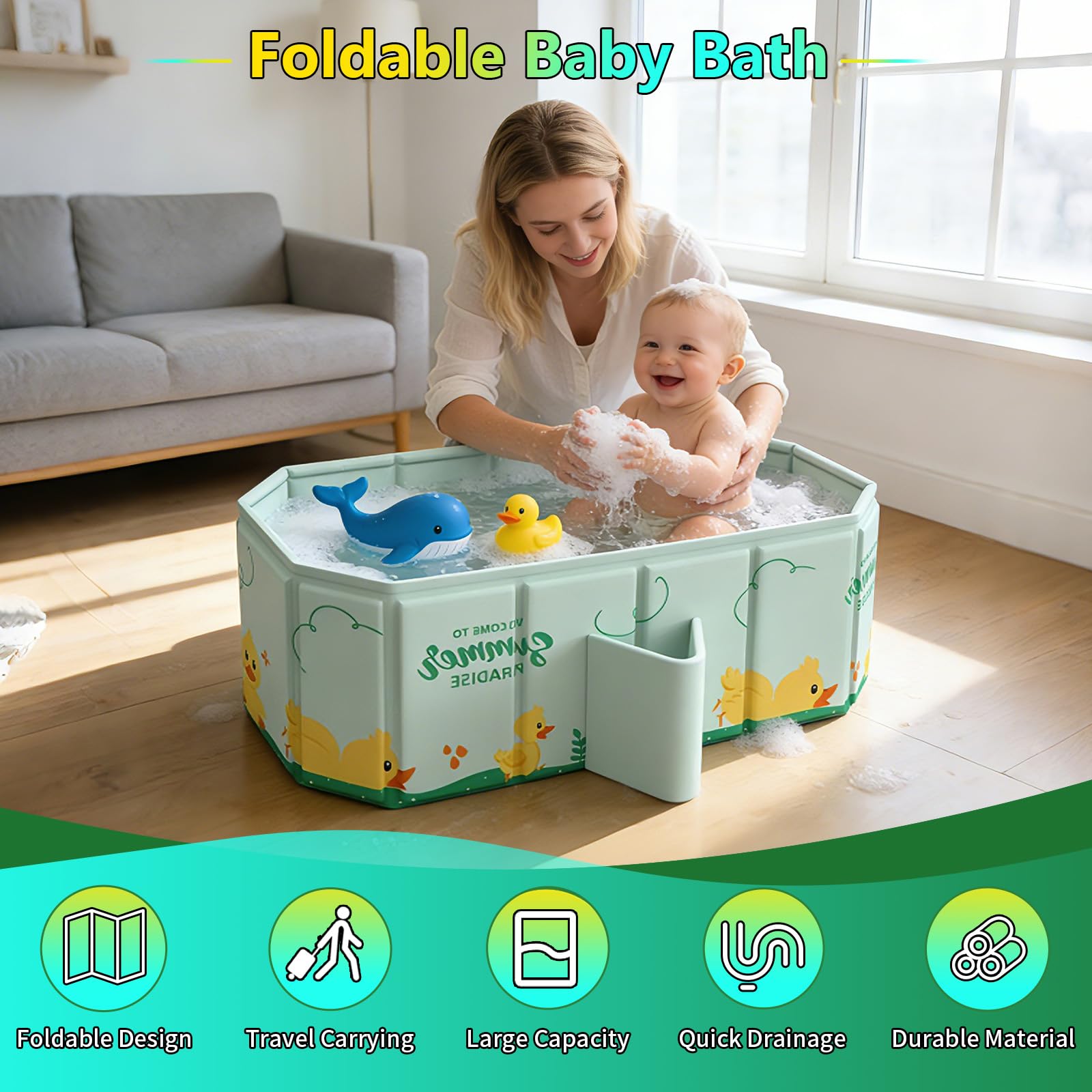 Babybadewanne Faltbar, Tragbare Baby badewanne, Große Babywanne für 0-8 Jahre, Integrierte Badewanne mit Ablassschraube, Duschbecken(78 * 45 * 30 CM)