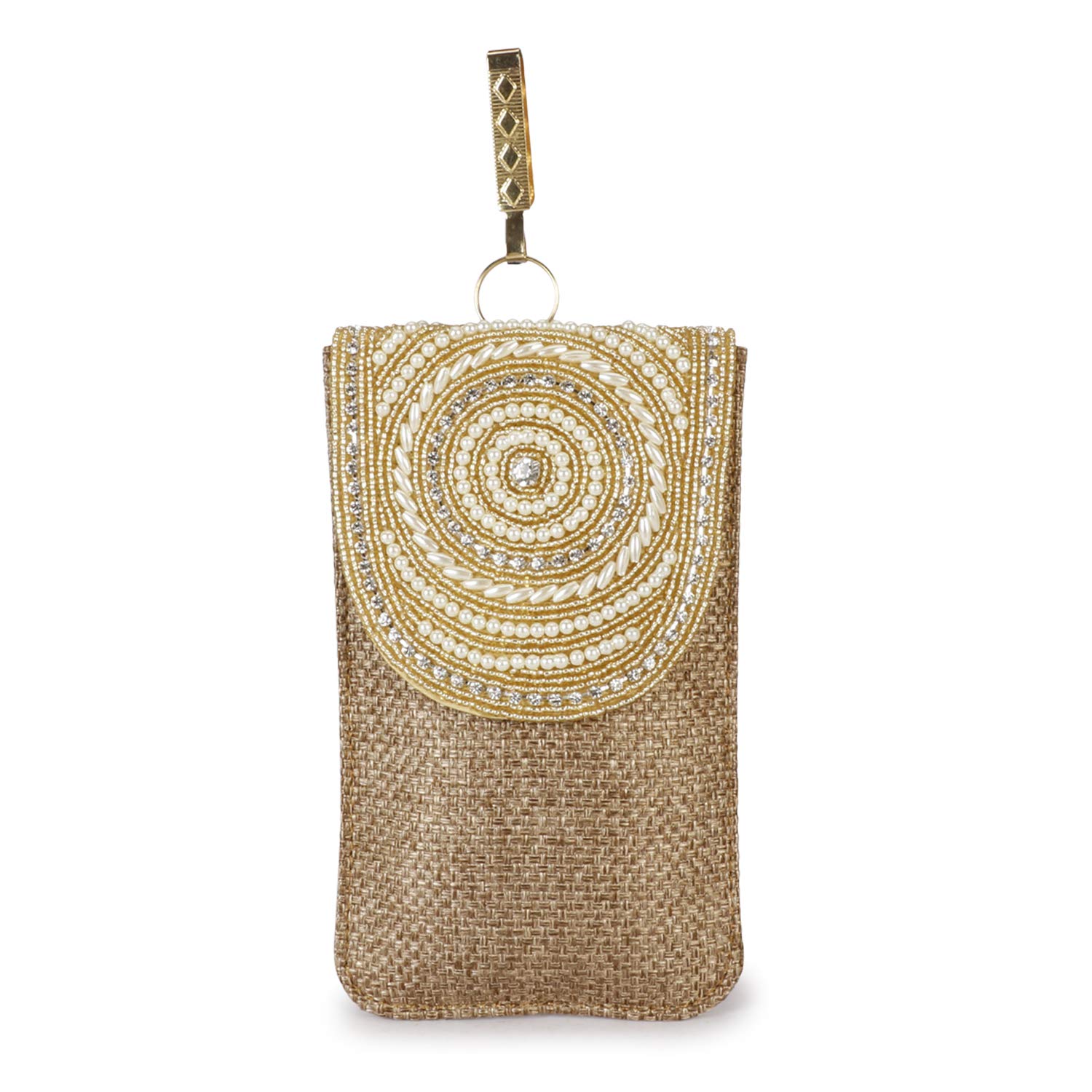 Vanya Handicraft CollectionWomen's LONGING TO BUY Pearl Clutch Silk Saree Clutch Mobile Pouch Waist Clip Ladies Purse Gift, Copper-1, S