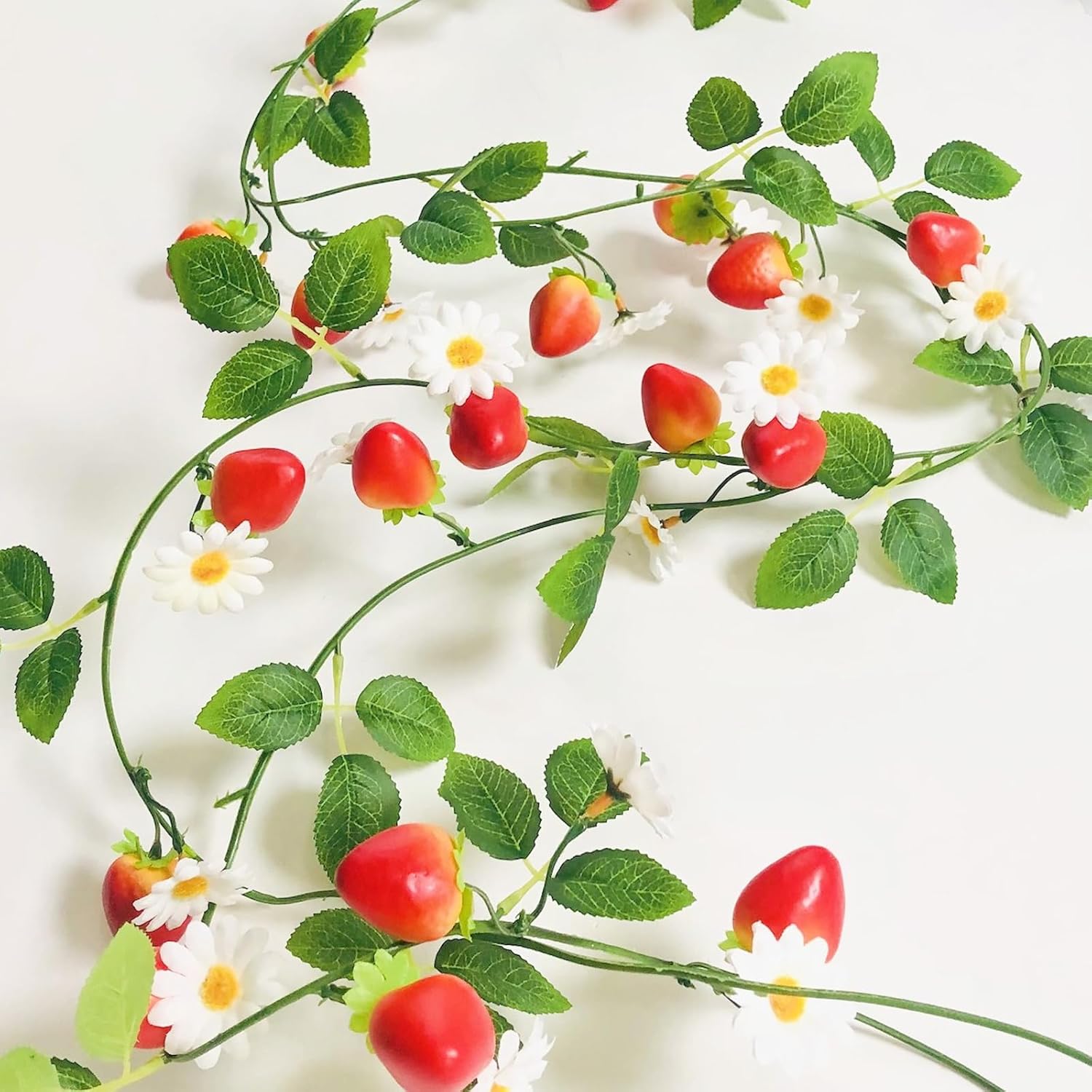 2pcs Artificial Flowers Garland Red Strawberry Garland Fake Flower Daisy Green Leaves Vine Greenery Decorative Wall Hanging Plant for Wedding Arch Door Arrangement Party Decor (White)