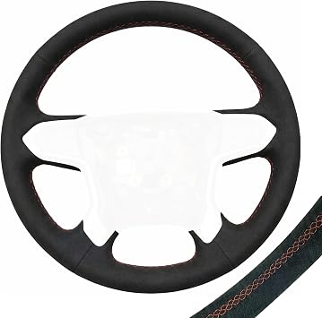 RedlineGoods Steering Wheel Cover Compatible with Saab 9-7X 2005-09. Tailor Made - not Universal. Genuine top-Grade Italian Black Suede Alcantara with Red Thread