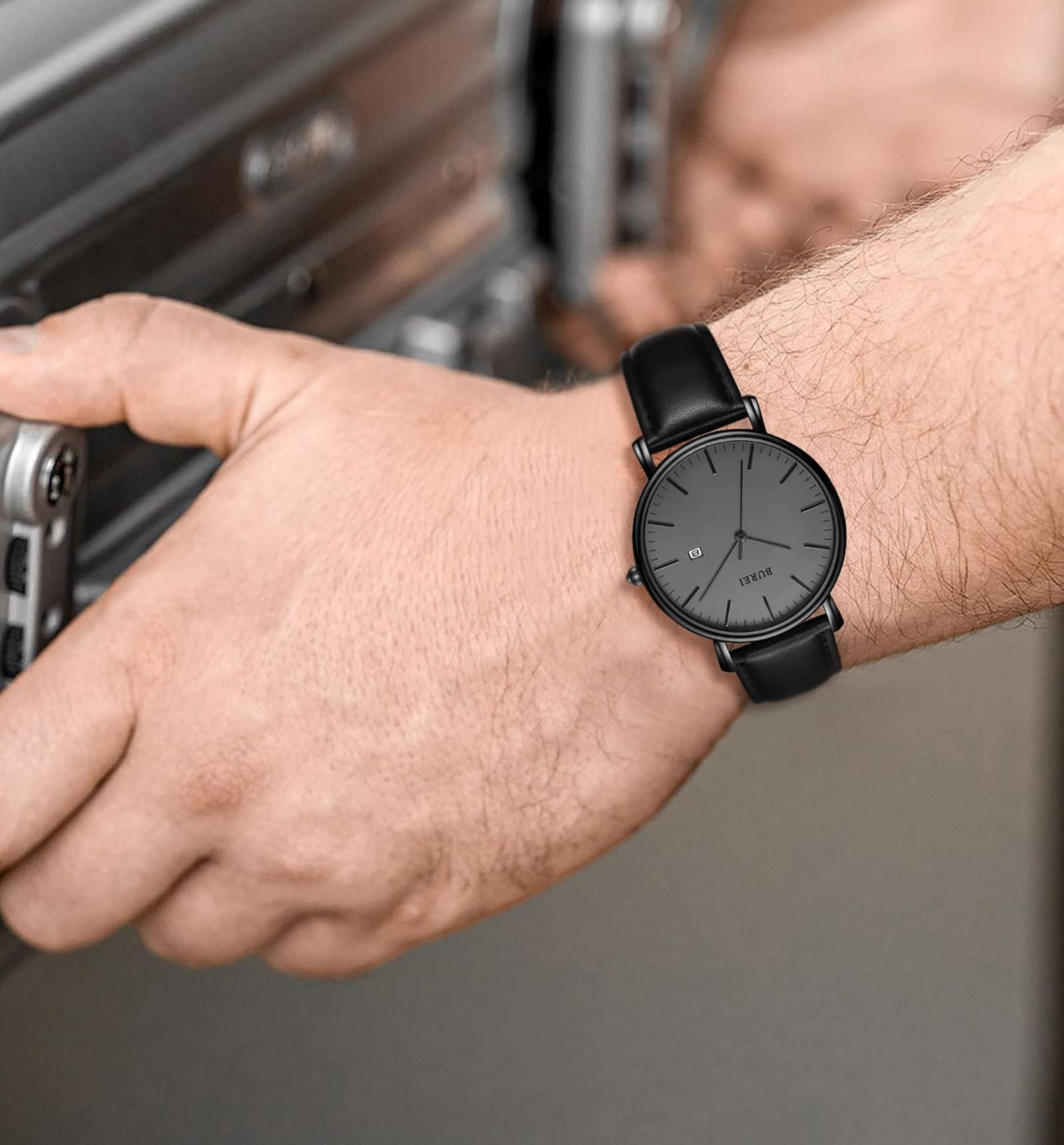 BUREI Uomo Orologio da Polso al Quarzo Classico con Cassa Ultra Sottile Design Minimalista Quadrante Analogico Data Finestra