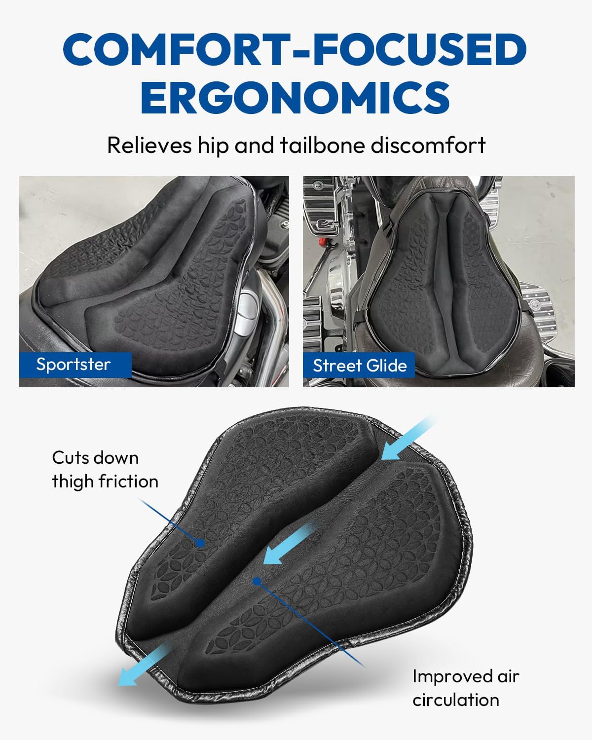 Motorcycle Seat Cushion, Motorcycle Gel Seat Pad, Shake Rider Cushion, Large 3D-Honeycomb Structure TPE Shock Absorption and Breathable for Long Rides
