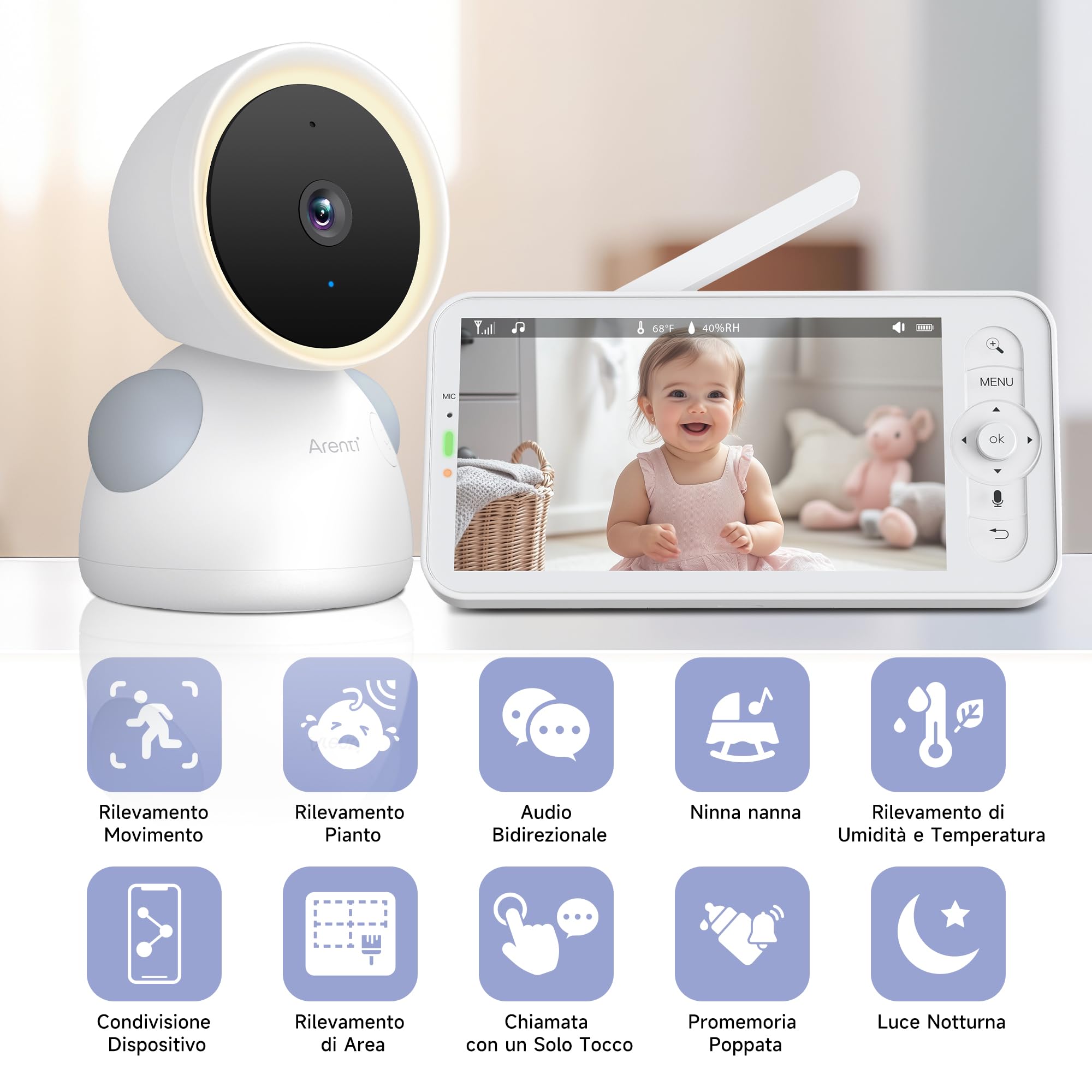 Arenti Baby Monitor Video e Audio con 2 Telecamere, 2K Telecamera Bambini con Monitor 5'', Rilevamento di Temperatura/Umidità e Suoni/Movimenti, Promemoria di Allattamento, Ninne Nanne, Schermo Diviso