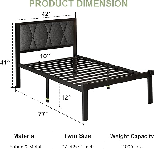 Miniatura 10 de Feonase Base de cama de metal tamaño individual con cabecera capitoné de piel sintética con botones, marco de cama de plataforma con listones de