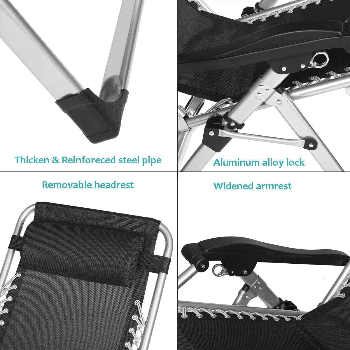 Adjustable Zero Lounge Chair with Cup Holder Folding Recliner for Outdoor, Patio, Beach - 2 Pack, Comfortable Black Sun Loungers Black One Size