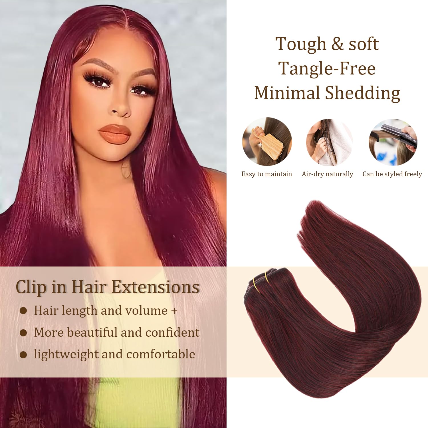 #99J Burgundy Clip in Hair Extensions, 12 Inch 120g/7Pcs,Full Shine Remy Human Hair,Wine Red Straight Clip ins Brazilian Virgin Human Hair Extensions