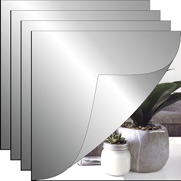 IFAMIO 4 Pack Self Adhesive Acrylic Mirror Sheets 8 x 8 Inch Flexible Non Glass Mirror Tiles Plastic Wall Mirrors Square Mirror Stickers for Home Wall Decor