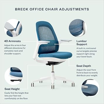 Haworth Breck Office Chair - Ergonomic Desk Seat with Height-Adjustable Lumbar Support, White Trim, Duo-Tone Hard Casters, and 4D-Arms (Lagoon)