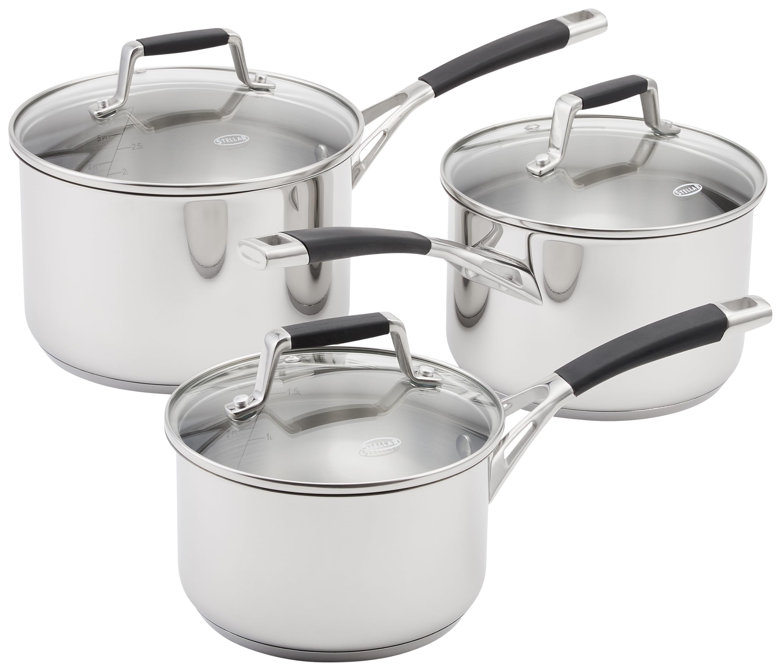 Stellar Flow Set of 3 Stainless Steel Saucepans with Glass Lids, 16cm, 18cm & 20cm, Oven Safe, Induction Ready
