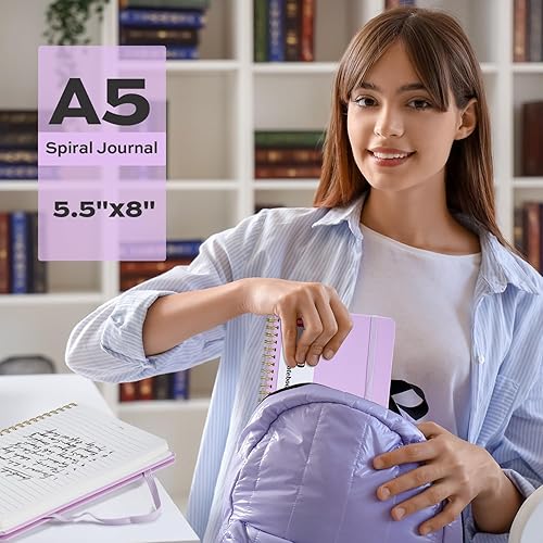 Miniatura 7 de deli Cuaderno de diario en espiral forrado lavanda, 160 páginas, A5 (5.5 x 8 pulgadas), cuaderno de escritura de tapa dura, diario encuadernado en