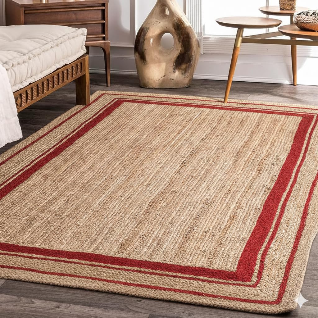 Alfombra de yute natural trenzada para salon comedor amplio con mesa central