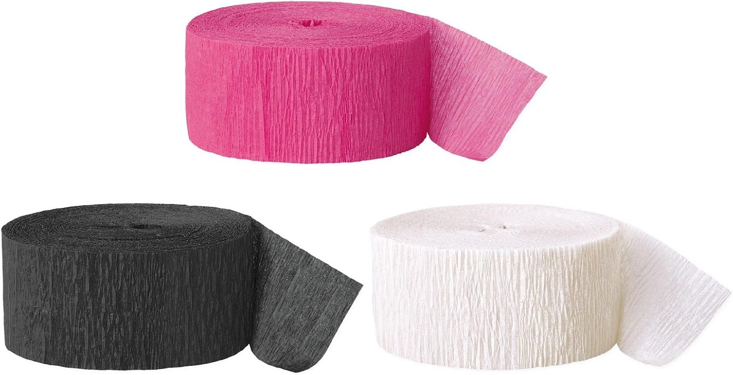Andaz Press Crepe Paper Streamer Hanging Party Decorations Kit, 240-Feet, Fuchsia, Black, White, 1-Pack, 3-Rolls, Sweet 15 16 Colored Wedding Baby Bridal Shower Birthday Supplies
