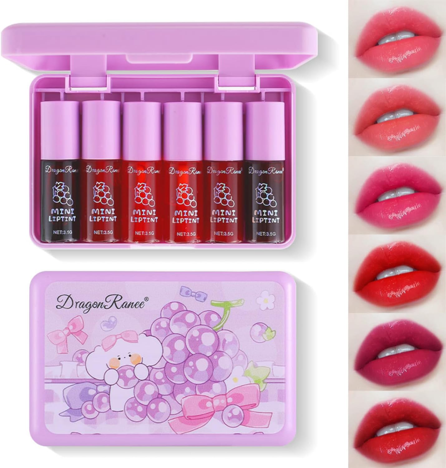 Eakroo 6 Colors Grapes Lip Tint Stain Set, Korean Lip Gloss Watery Lip Stain, Lipstick for Women, Lip Gloss for Girls, Blush for Cheeks, Non-Stick Cup, Waterproof, High Pigment, Lip Tint Makeup
