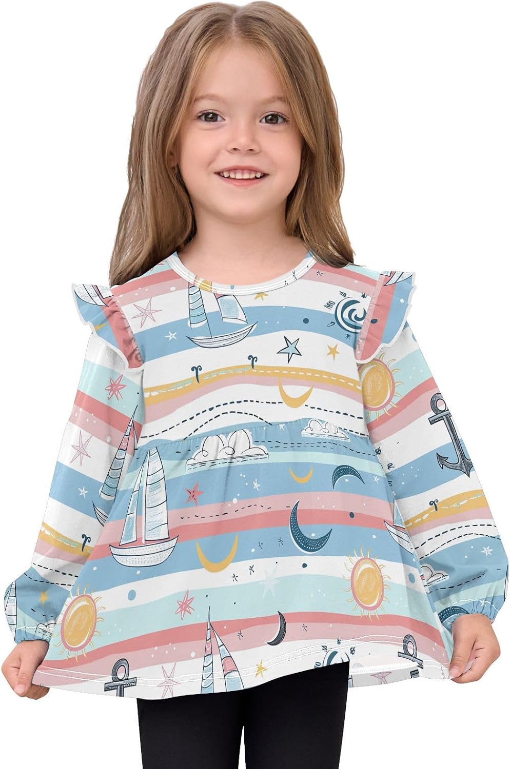 visesunny Toddler Clothes for Girls Linear Sunboat Anchor Pattern Long Sleeve Fall Shirts Cotton Top with Ruffle Collar