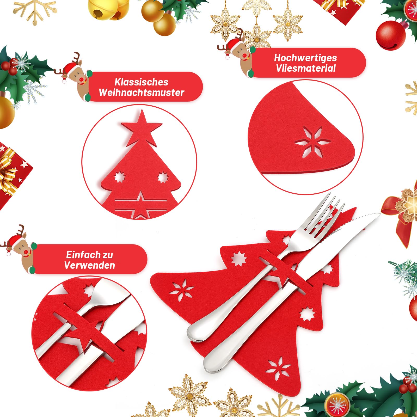 ROADPLUM 18 portaposate in feltro, rosso, per albero di Natale, da tavolo, coltelli, forchette, cucchiai, sacchetti per posate per feste, Natale, decorazione da tavolo
