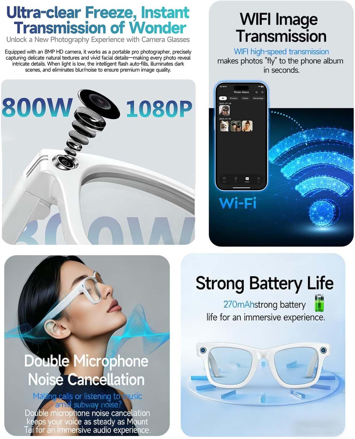 AI Smart Glasses with Camera, White Bluetooth Glasses for Men Women image 2