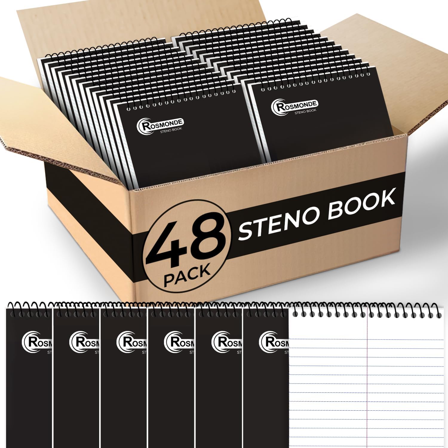Rosmonde 48 Pack Bulk Spiral Steno Pads, 6"x 9", Steno Notebook Gregg Rule, 80 Sheets (160 Pages), Black Covers, Top Spiral Notebook, Bulk Steno Notebooks for Notes in School, College, Office Notepad