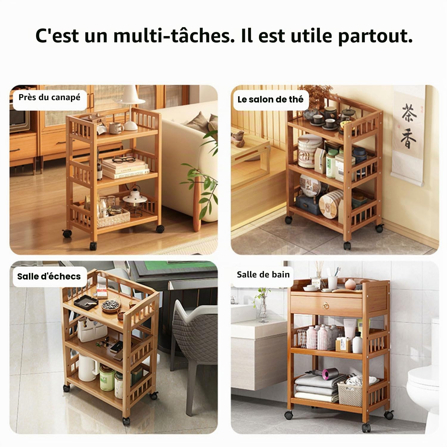 Chariot de service avec roulettes, chariot de cuisine en bois 3 étagères, chariot mobile polyvalent pour cuisine, salle de bain, couloir et balcon, chariot d'appoint peu encombrant