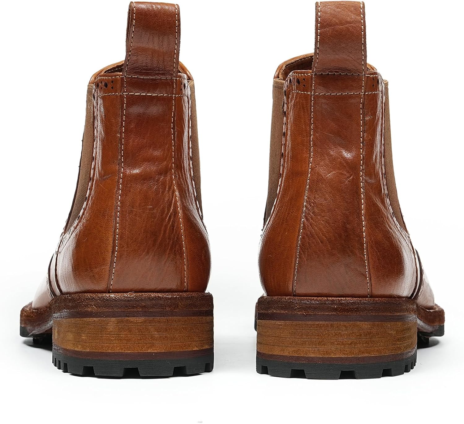 Men’s Full-Grain Cowhide Chelsea Boots Handcrafted Leather Pull-On Boots with Wingtip Medallion & Elastic Gore M30H-3