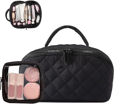Lay Flat Makeup Bag - Travel Makeup Bag for Women 180 Open Flat Cosmetic Organizer Puffy Toiletry Pouch Black