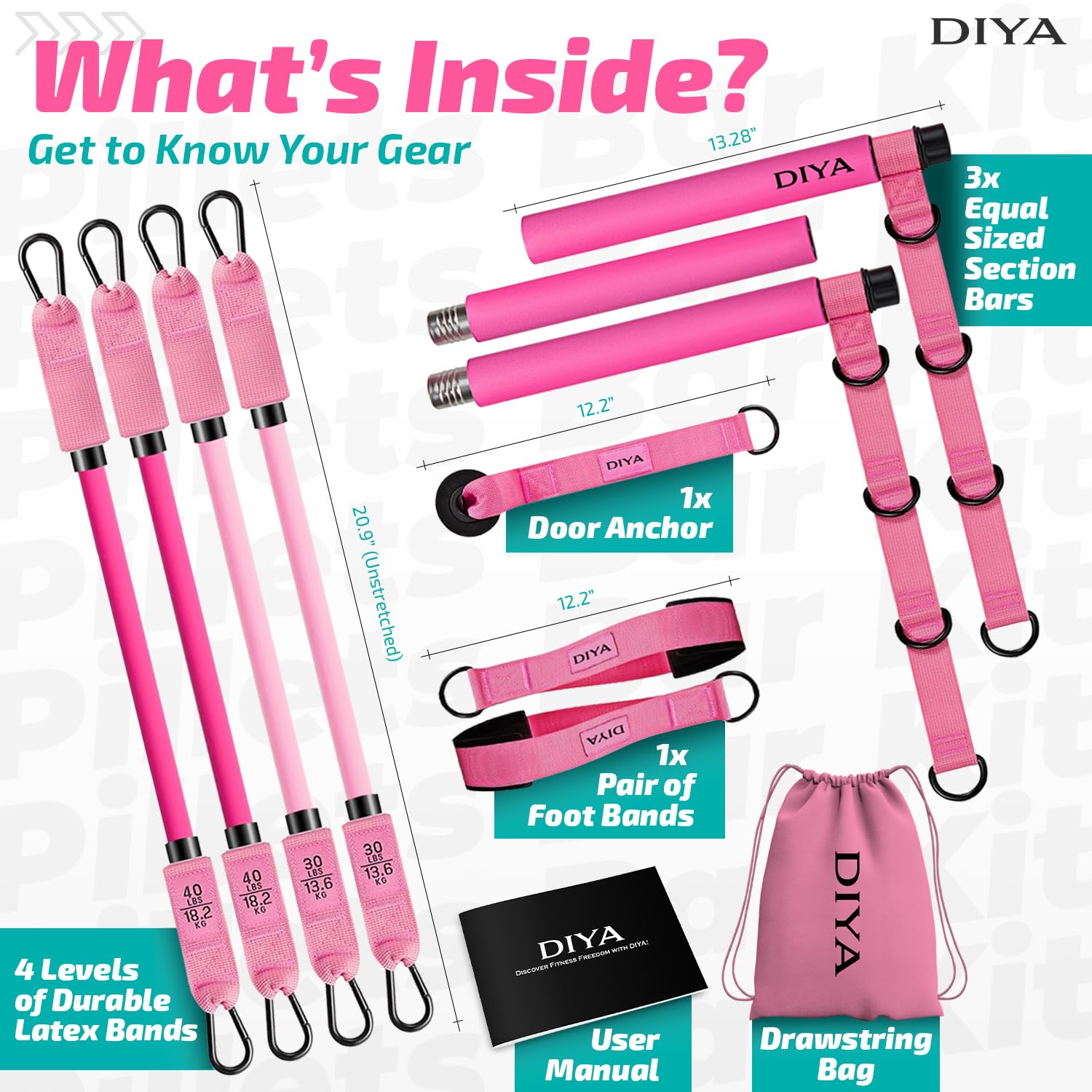 DIYA Pilates Bar Kit with Resistance Bands, Stretched Fusion Bar for Women & Men, 140 lbs Equipment for Legs, HIPS, Waist, Arms, Back, Core, Adjustable 3-Section Home Gym Kit for Full-Body Workouts