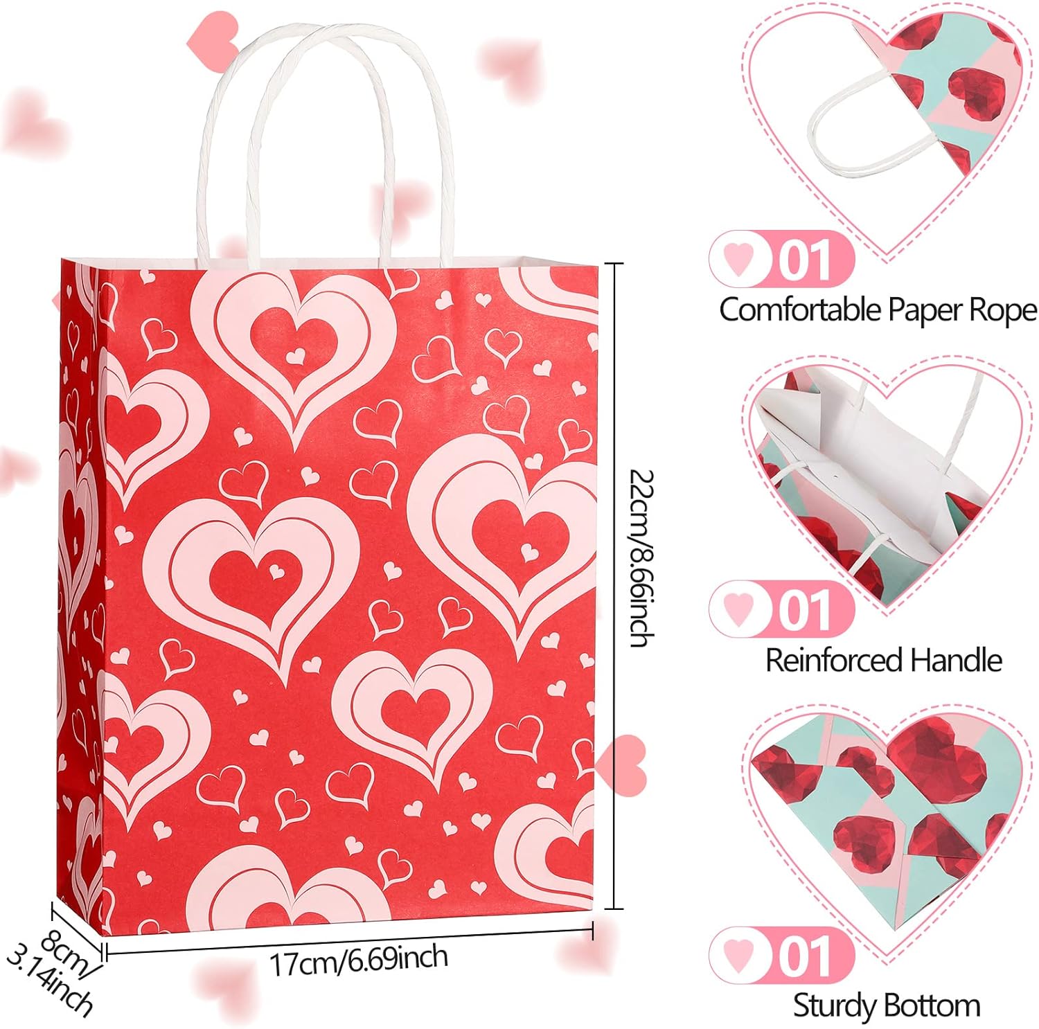Crtiin 192 Pcs Valentine's Day Paper Gift Bags Bulk with Handle 9'' Paper Treat Bag Valentine's Day Love Goodie Bag with Tissue Card Wrapping Kraft Bags for Funny Gift Party Favor Wedding Holiday