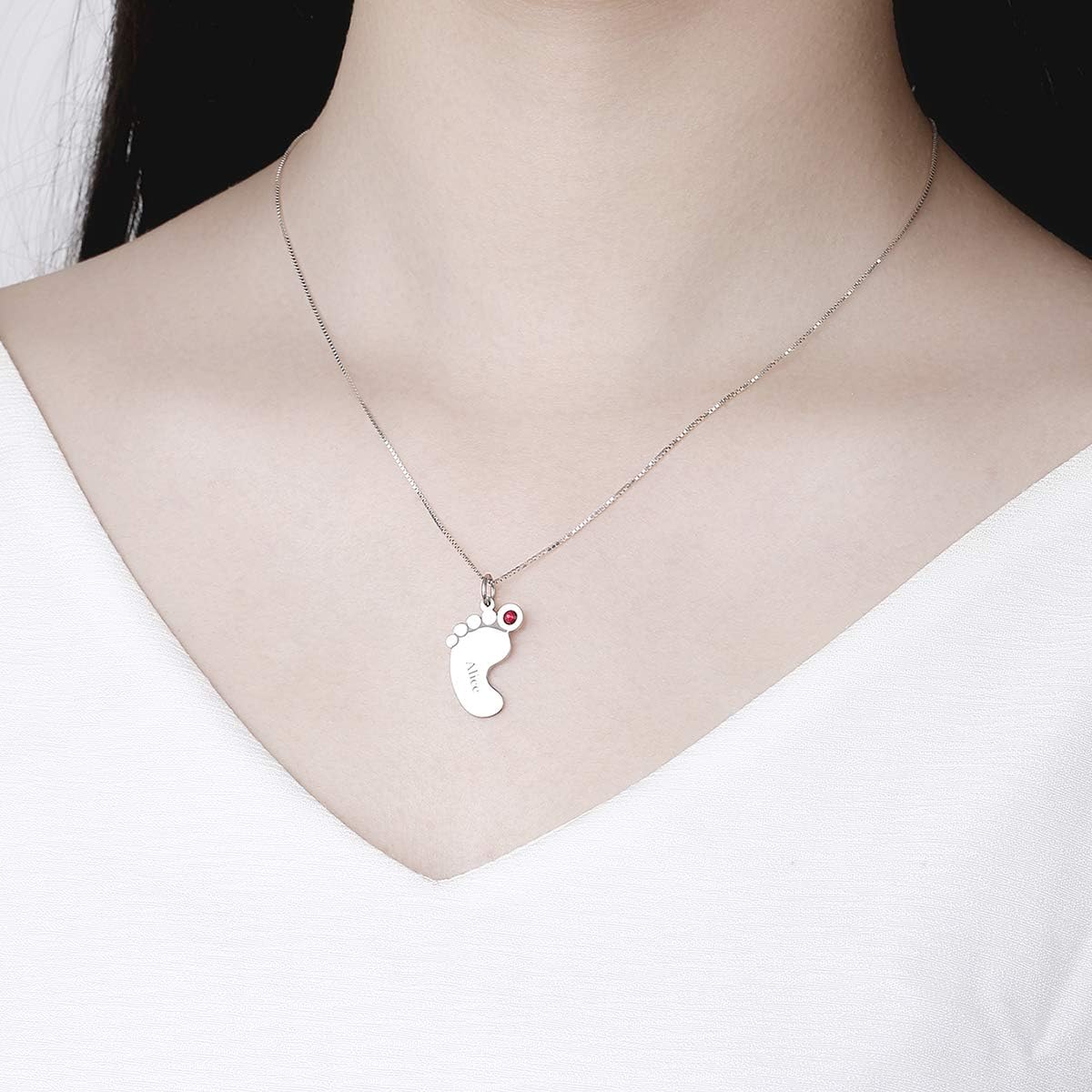 Personalized Mother Necklace with 1-4 Birthstone & Engraved Names for Women, Custom Baby Feet Necklace for New Mom, Sterling Silver Customized Footprints Pendant Gifts