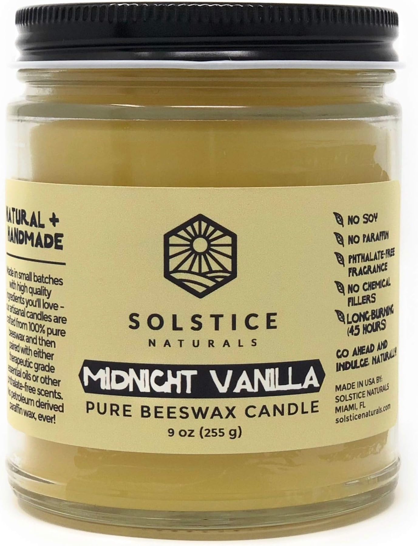 Midnight Vanilla Scented Natural 100% Pure Beeswax Candle, 9 oz - Great for Home Bathroom Living Room Office Study Yoga Spa