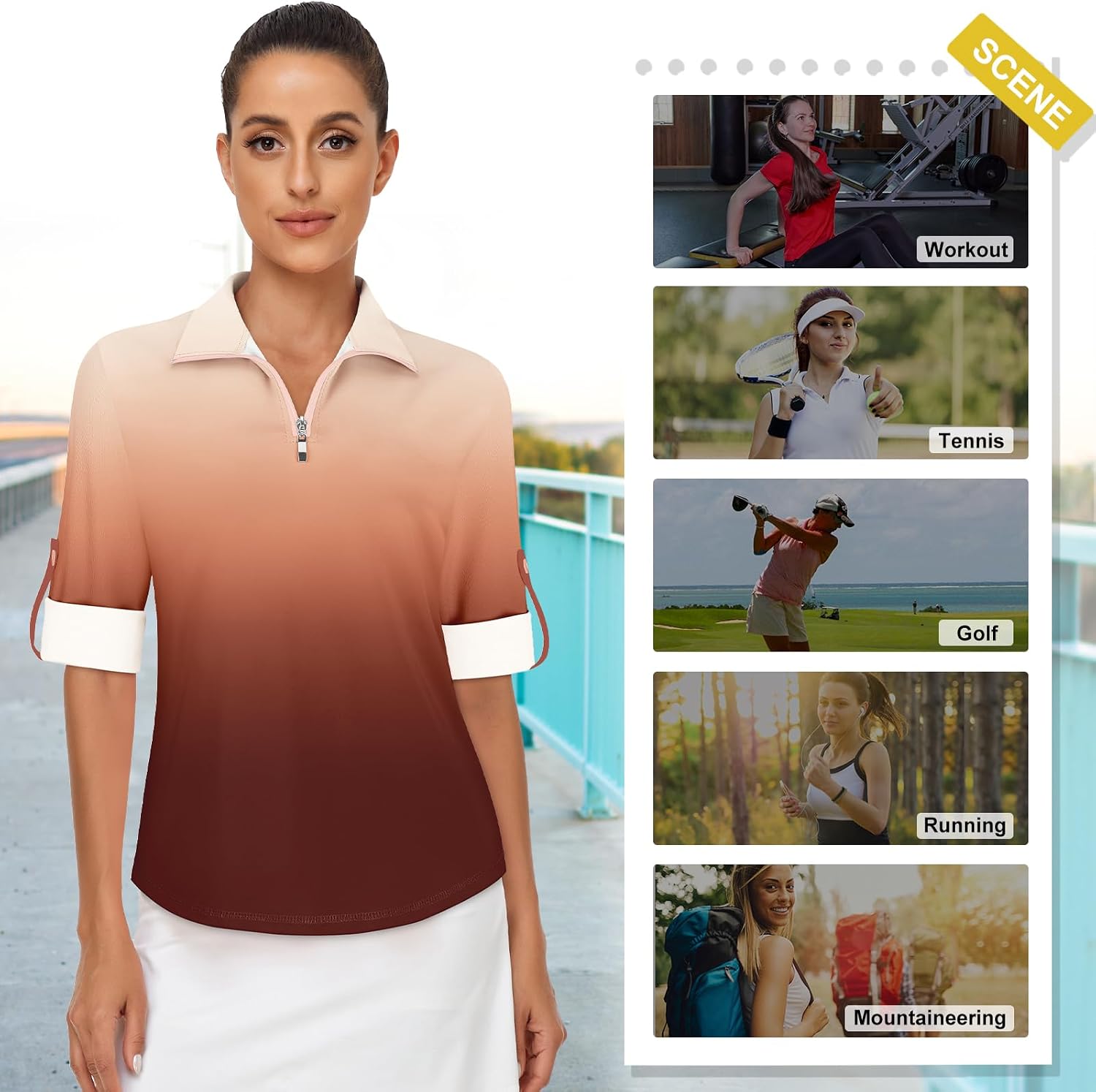 Koscacy Women's 3/4 Roll Sleeve Golf Tennis Polo Shirts UPF50+ Half Zip Dry Fit Workout Tops Athletic Shirt