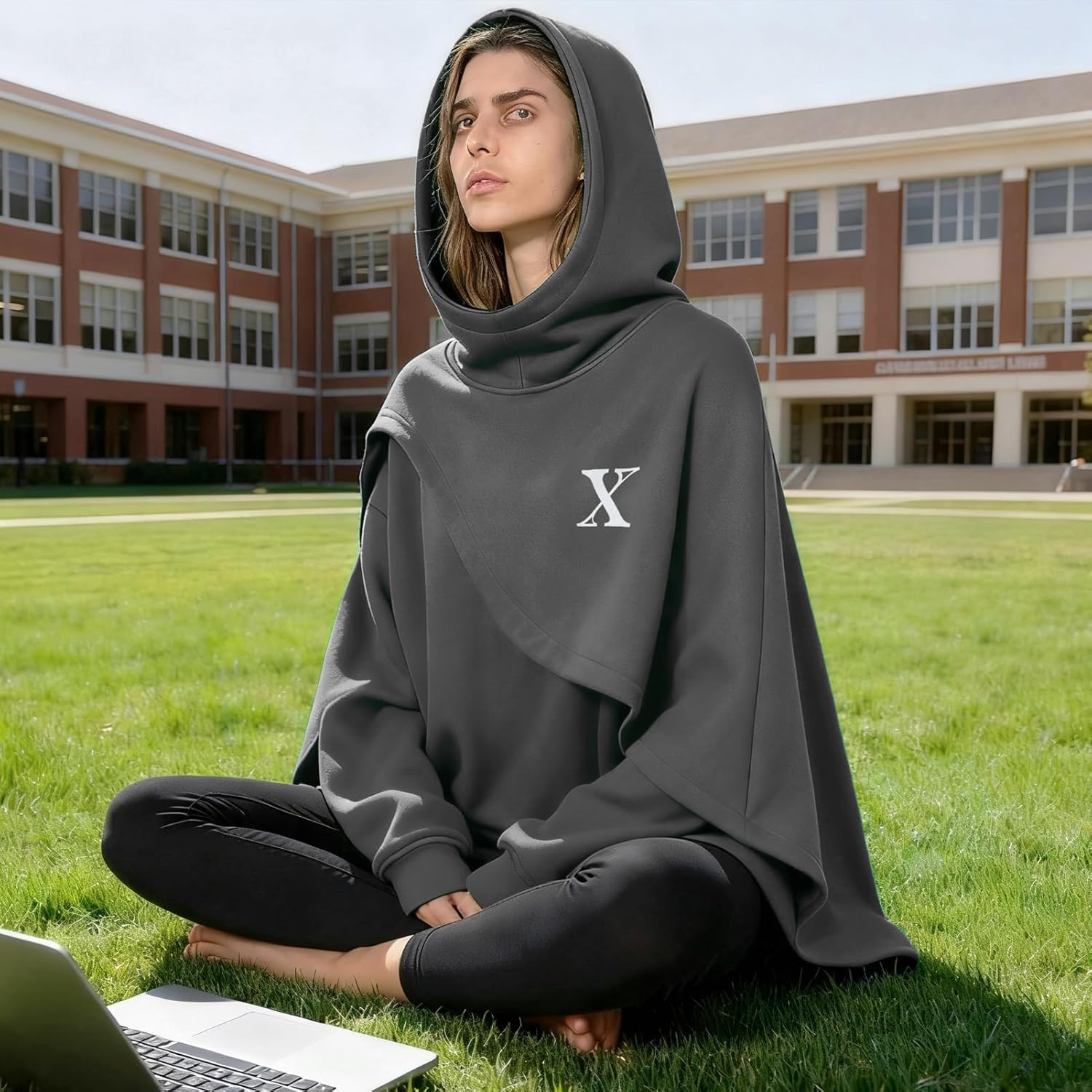 Men's Fashion Poncho Cape Cloak Hoodie Techwear Sweatshirts Unisex Lightweight Patchwork Hip Hop Casual Pullover