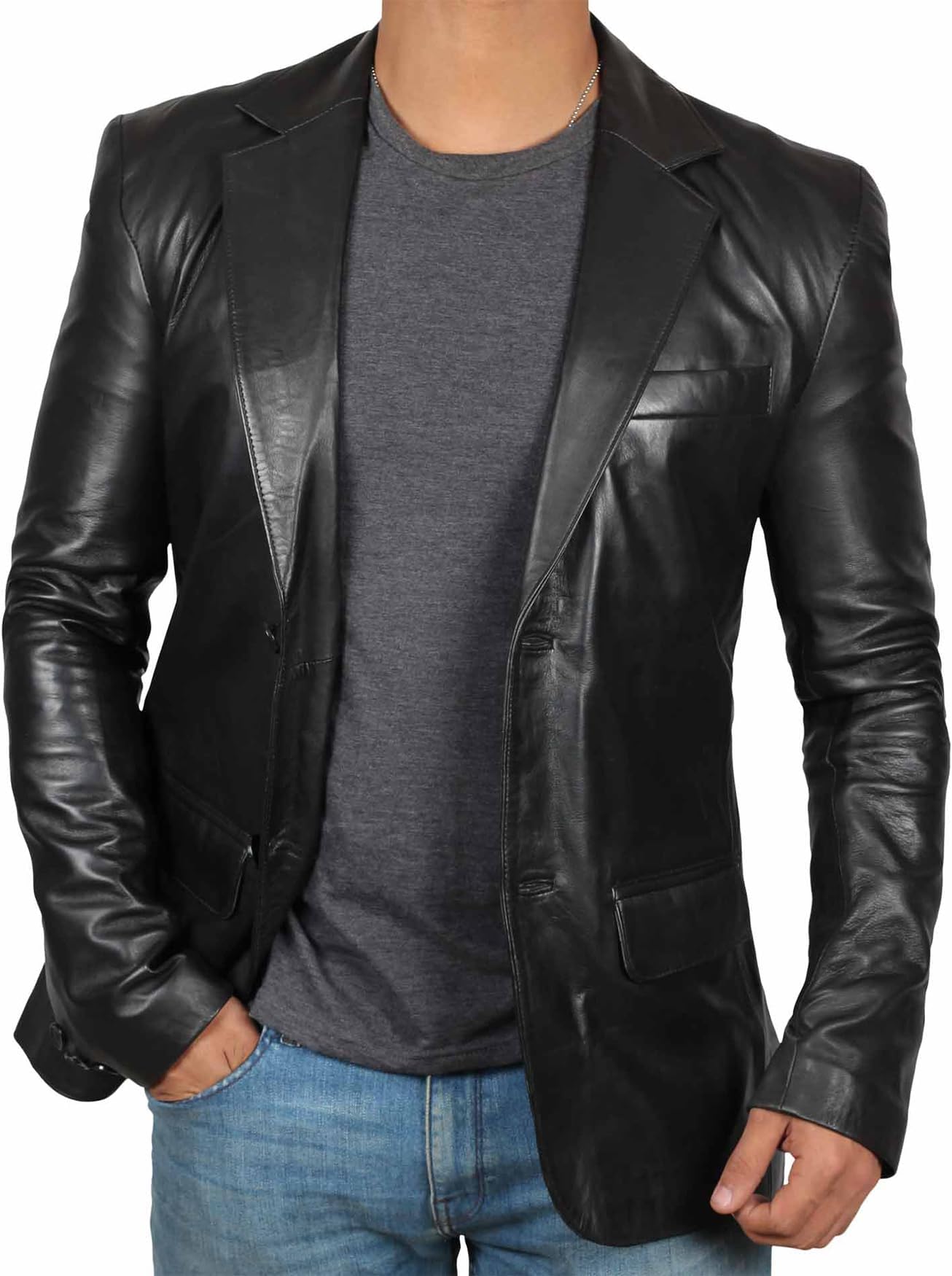 Mens Leather Jacket — Real Lambskin Leather Blazer, Notched Collar Sport Coat for Men