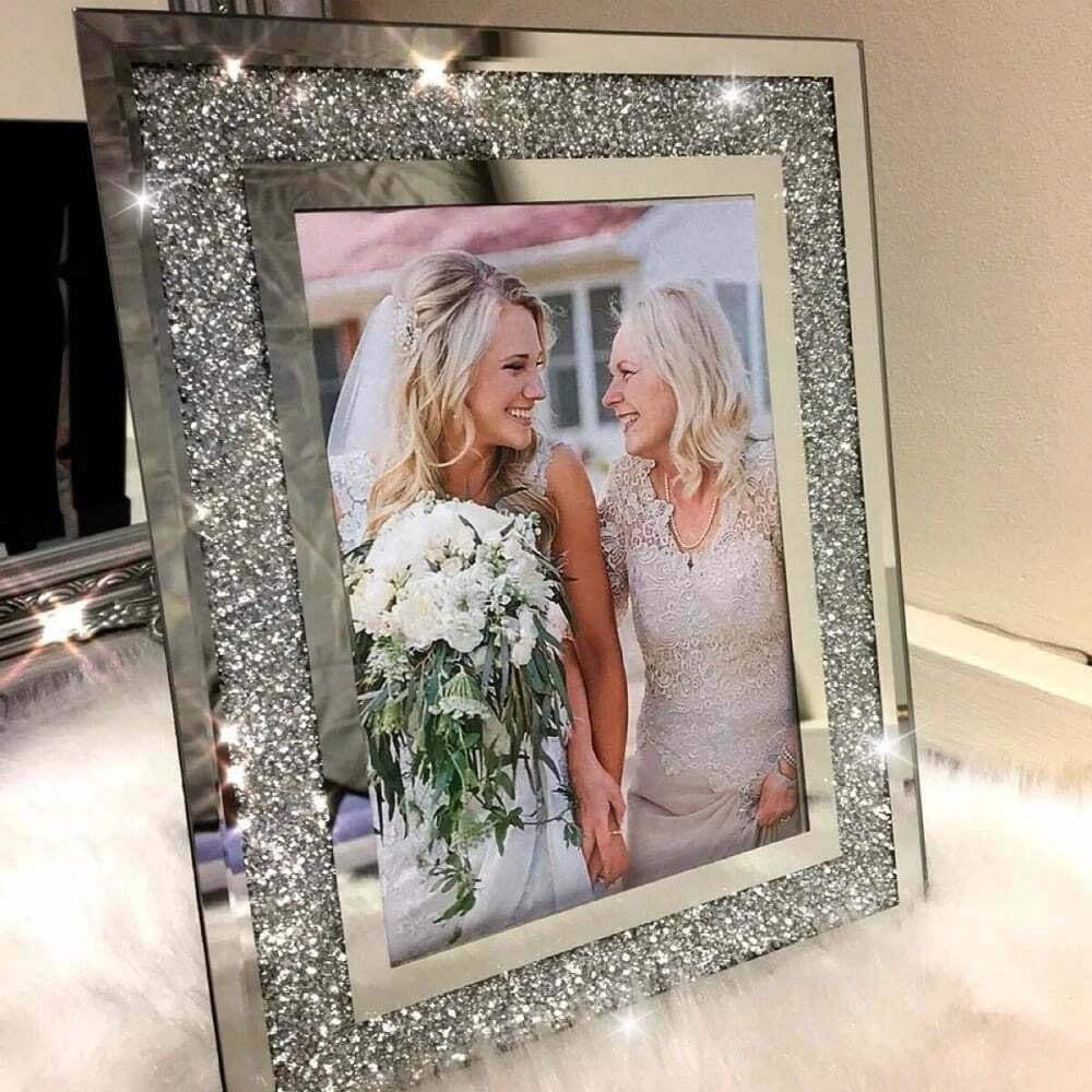 Silver Glitter Photo Frame Mirrored Picture Frames Diamond Crushed Crystal Sparkly Portrait Landscape Tabletop Luxury Home Decor Gift