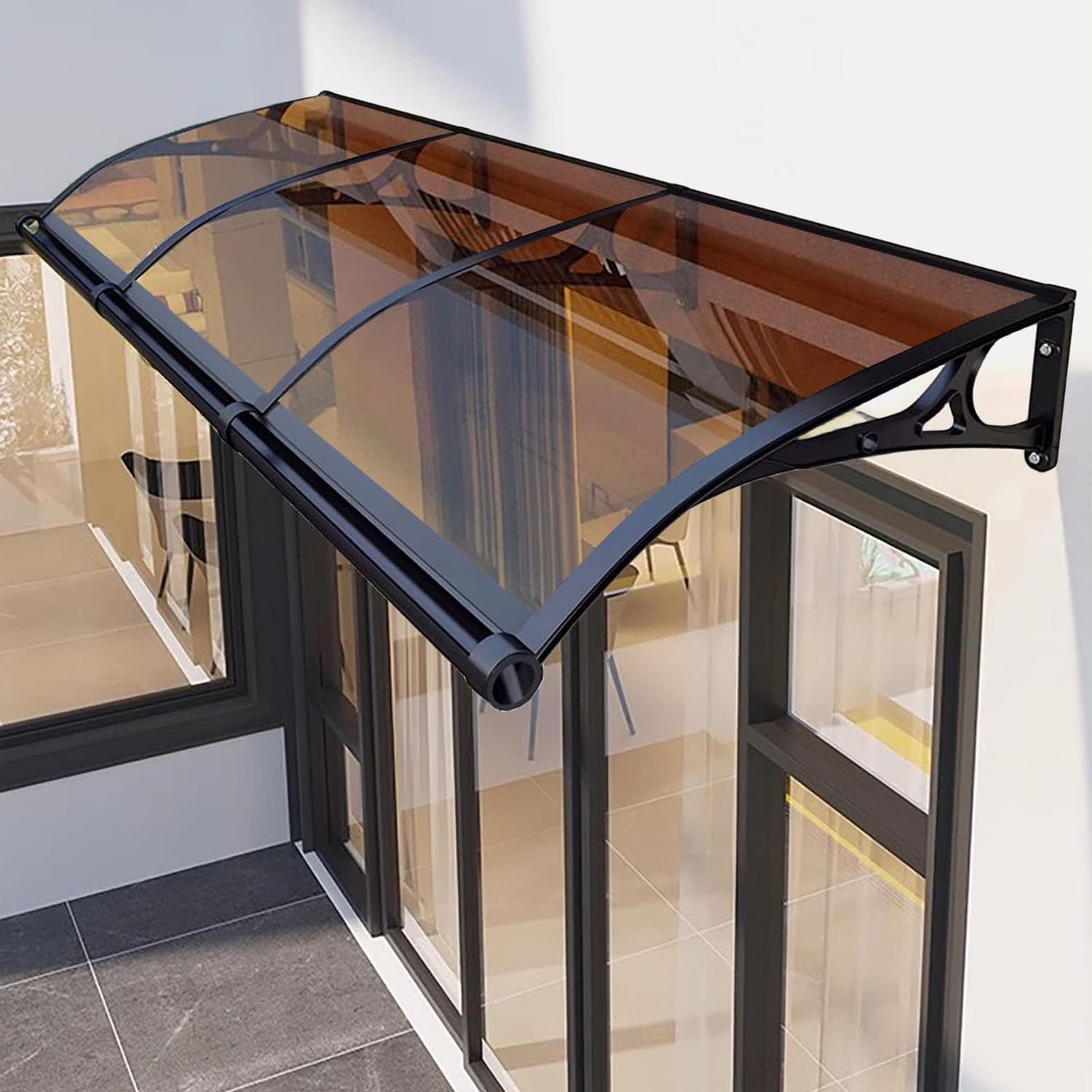 Awning for Door Entrance,door Canopy Exterior,window Awnings Exterior with Aluminum Bracket,Polycarbonate Canopy for Sun,UV Pro(Size:100x100 cm (39.4 in. x 39.4 in.),Color:Black Frame + Brown Shelves)