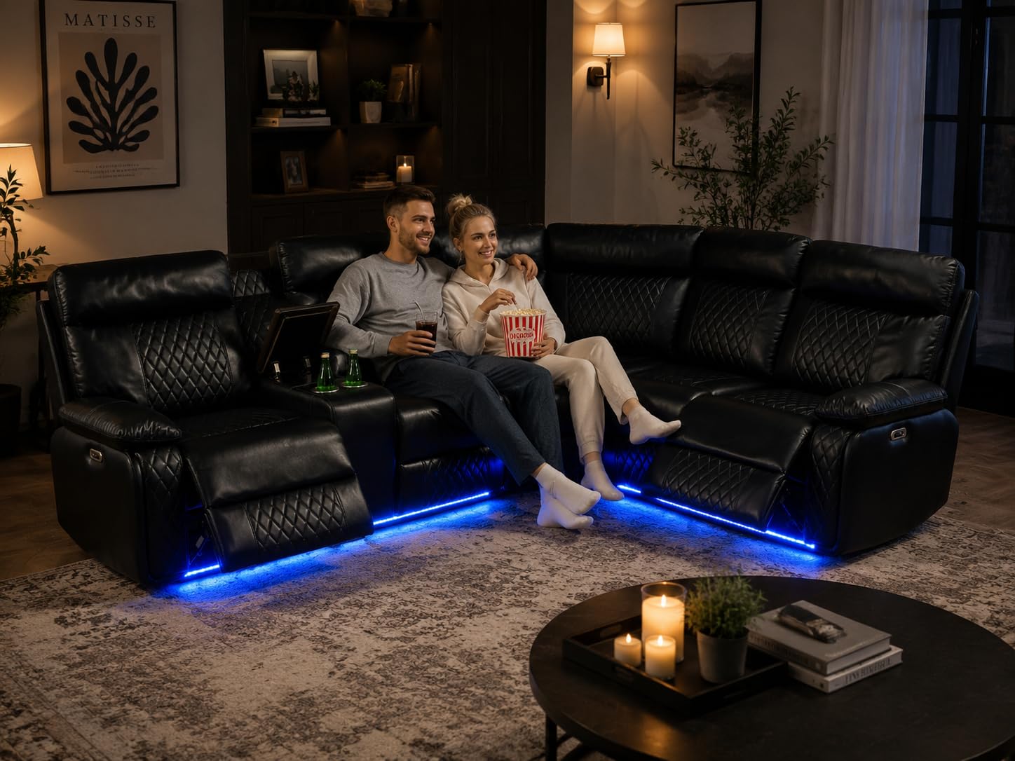 Power Reclining Sofa Set with LED Light,Living Room Furniture Sets,Leather Recliner Sectional Couch Set with USB Charging Port & Storage & Cup Holders for Apartment/Home Theater/Office view 9