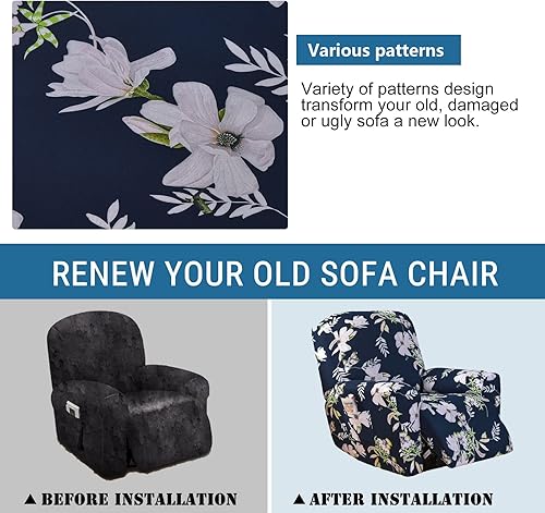 Miniatura 5 de FUANGUI Funda estampada para sillón reclinable de 4 piezas con bolsillo, funda suave antideslizante para sofá reclinable, protector de muebles para