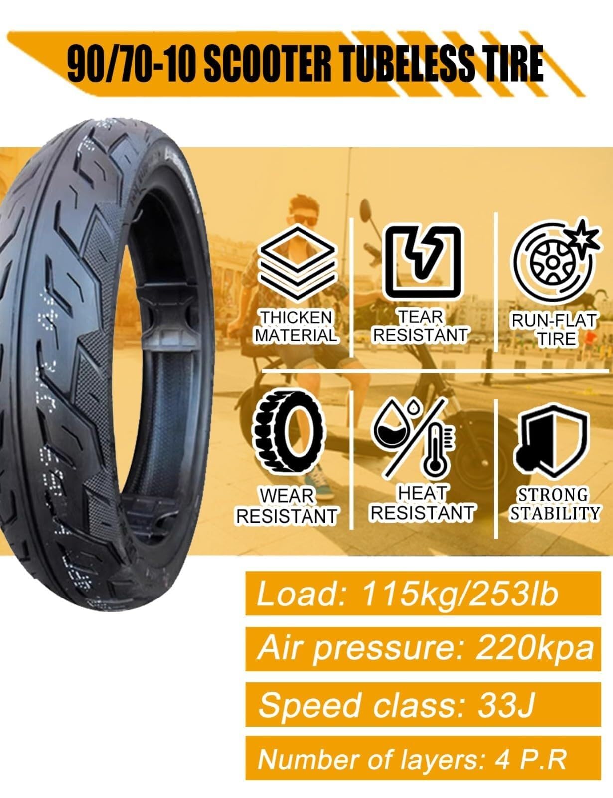 90/70-10 Bezkamerowy Opona do E-Skutera z 90/70/10 4PR 220 kPa 253 LBS 90 70 10 Urządzenie Mobilności 33J
