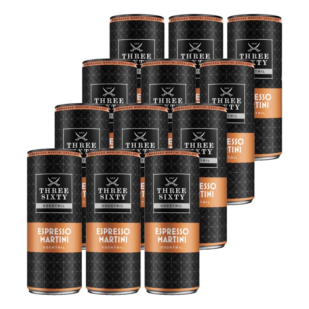 Three Sixty Espresso Martini – 12x 0,25-l Dosen – Ready to Drink Cocktail – 10-% Vol. – Vodka & Kaffee – Fertigmix – stylisch & stark – inkl. Pfand – EINWEG – [Enthält Sulfite]