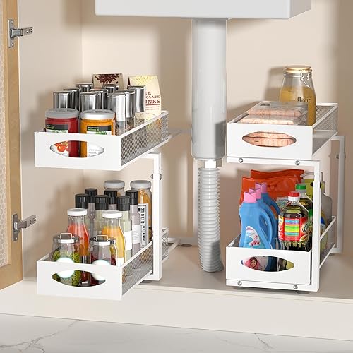 Under Sink Organizer 2 Pack, White 2 Tier Slide Out Sink Shelf Cabinet Storage Shelves, under kitchen sink organizer,Pull Out Cabinet Organizer, Multi-Use Shelf for Kitchen,Bathroom
