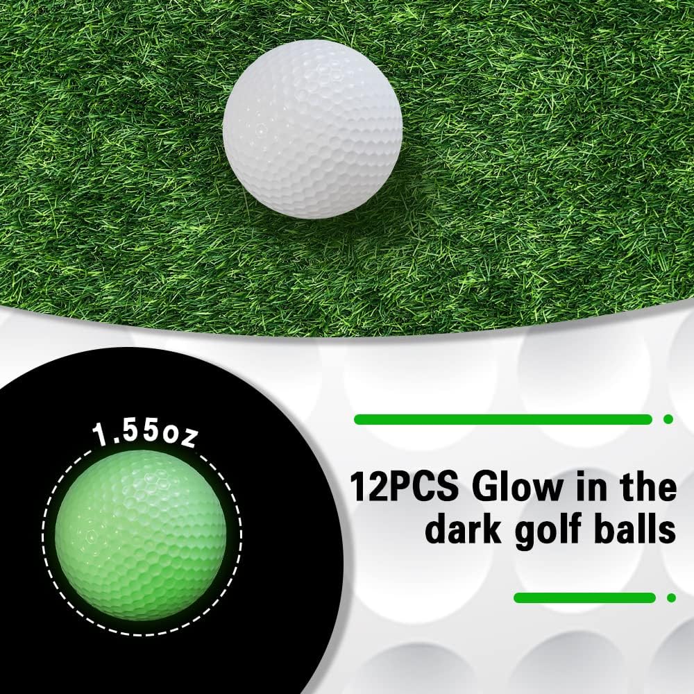 VinBee Glow Golf Balls 12 Pack Glowing in The Dark Golf Balls Light Up Golf Balls for Night Sports, Rechargeable by Sunlight and Flashlight
