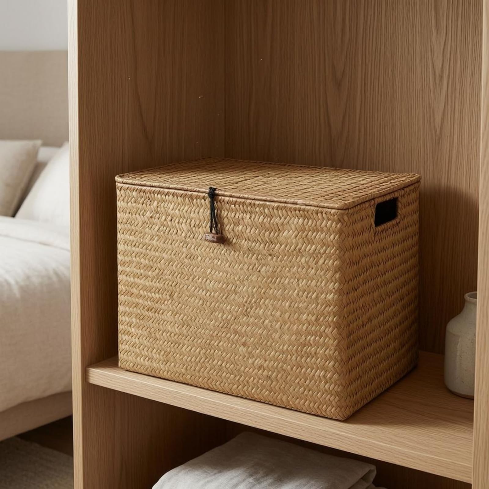 Kunststoffbox mit Grifföffnungen Rattanoptik Geflochtene Aufbewahrungsbox Korbgeflecht Rechteckiger Weidenkorb für Arbeitszimmer, Braun, 44x30x29 Cm