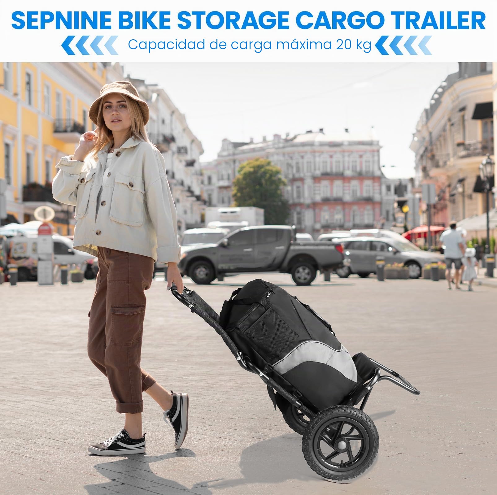 SEPNINE® Remolque de carga bicicleta 2 en 1, remolque de bicicleta, carro de la compra, carro de mano, marco de acero de aleación, fácilmente plegable con neumáticos de 30 cm, peso de carga de 20 kg