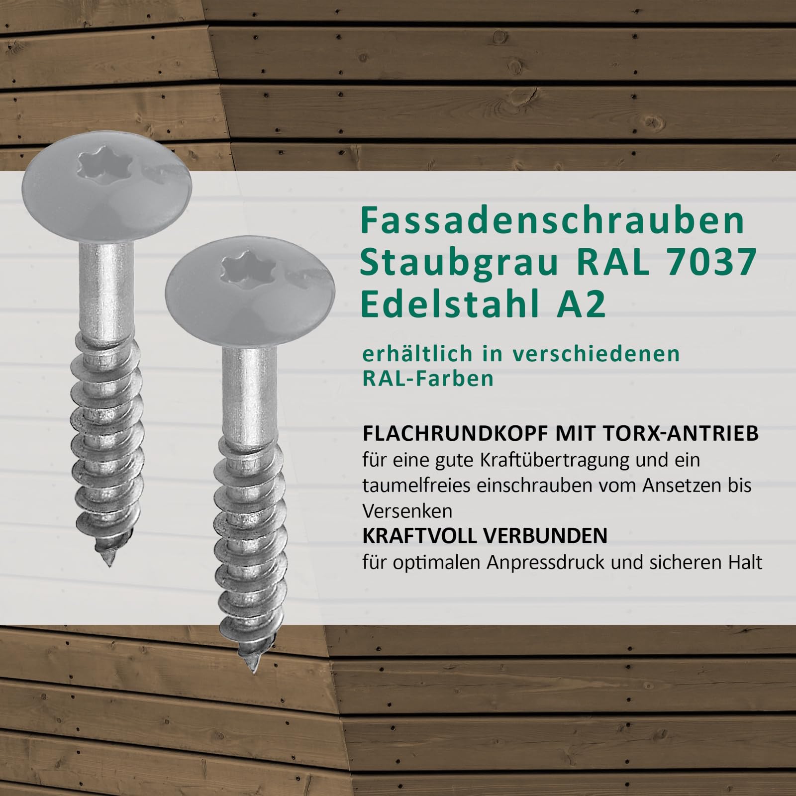 DSM Tornillos de fachada Trespo 4,8 x 38 mm, gris polvo RAL 7037, acero inoxidable A2, cabeza redonda plana con accionamiento TX, autorroscantes y resistentes a la corrosión, tornillos para madera