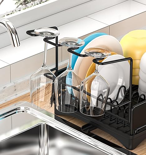 Miniatura 7 de HYSEYY Escurridor de platos escurridor de platos pequeño de cocina estante de acero inoxidable duradero con estante de copa de vino y escurridor