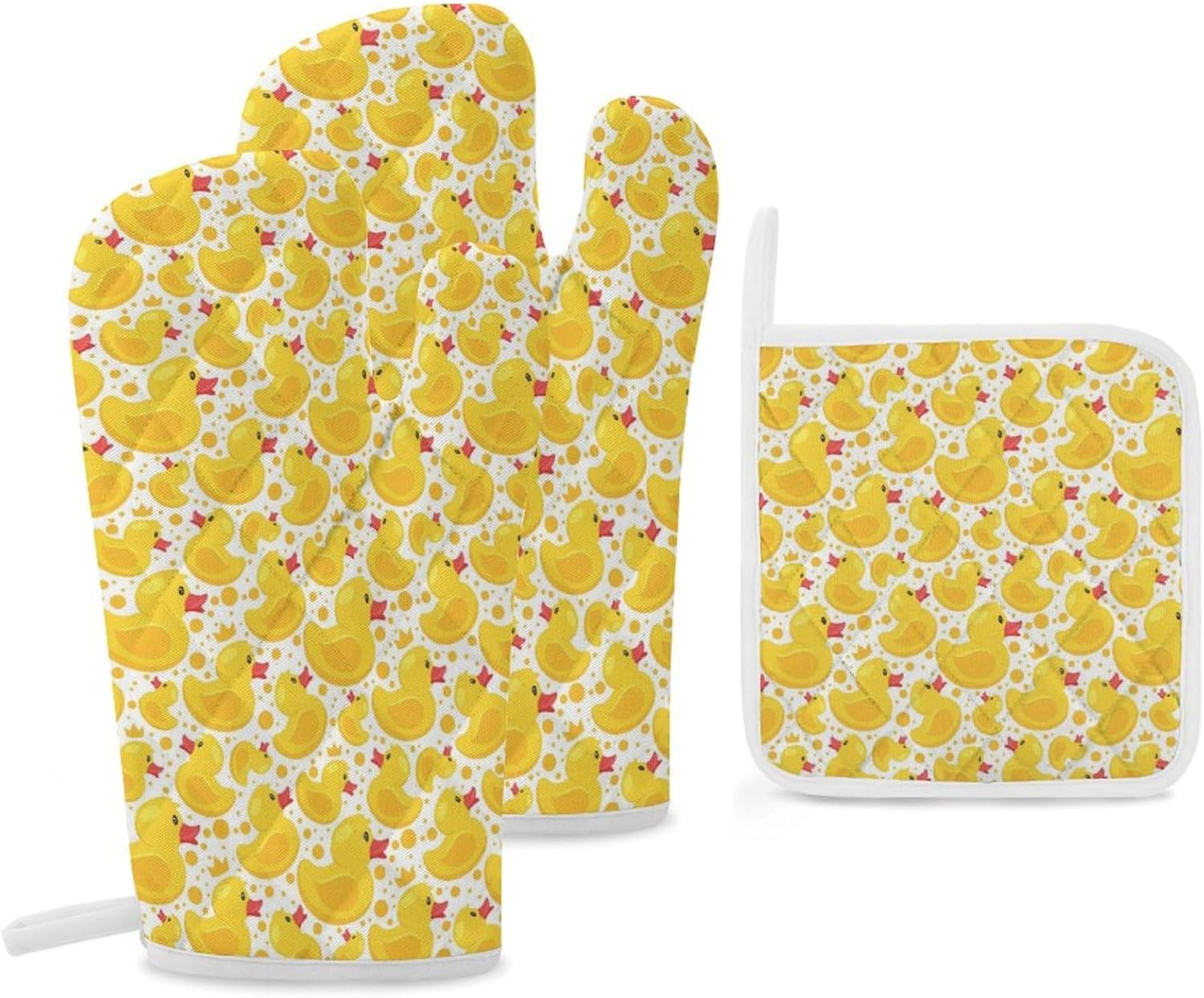 Cute Rubber Ducks Print Oven Mitts and Pot Holders 3 Piece Sets Heat Resistant Gloves Hot Pads Potholders for Kitchen Baking Cooking
