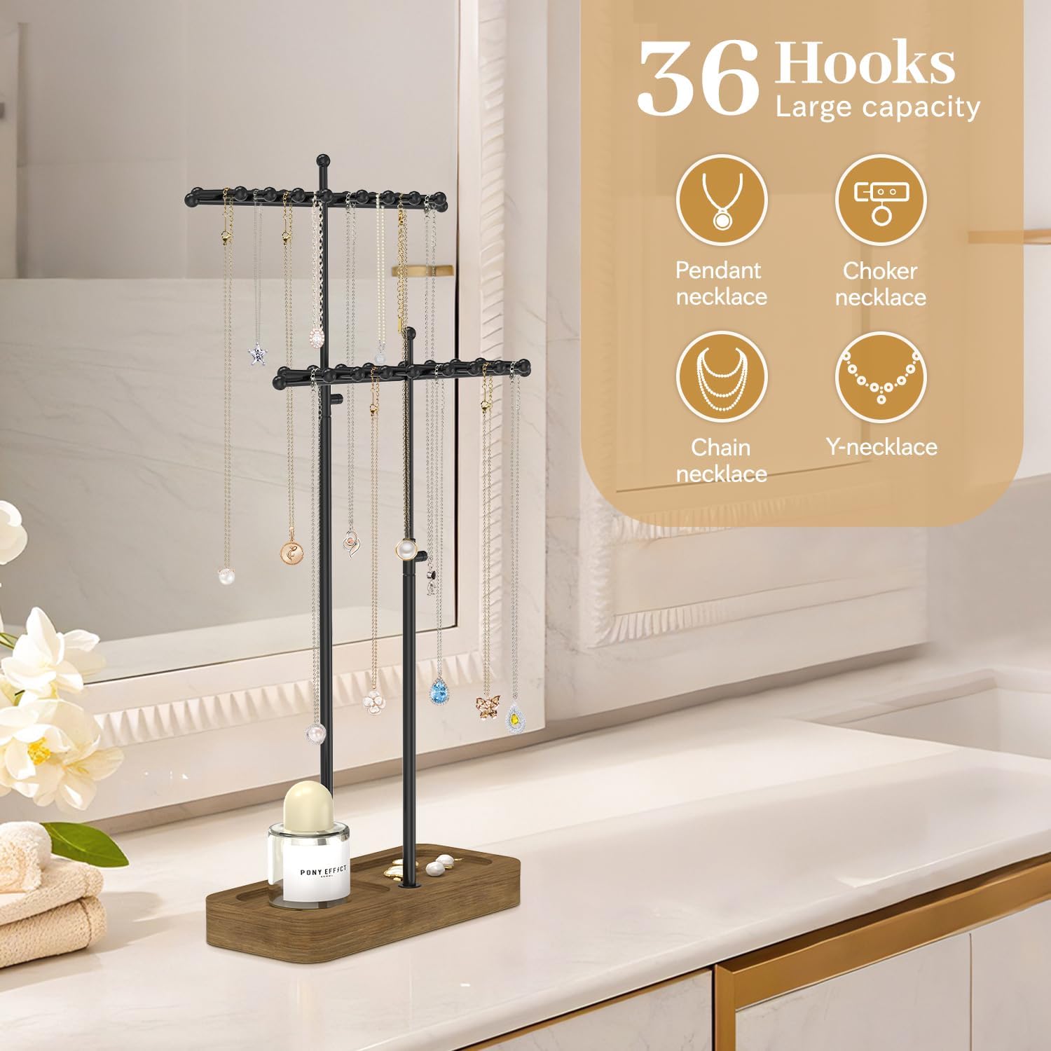 MODOWEY Necklace Holder Organizer Stand with 36 Hooks, Tall Display Tree Rack for Women Men Jewelry Storage, Adjustable 2 Tier Metal Hanger Wood Tray for Vendor, Large Capacity for Dresser Small Space