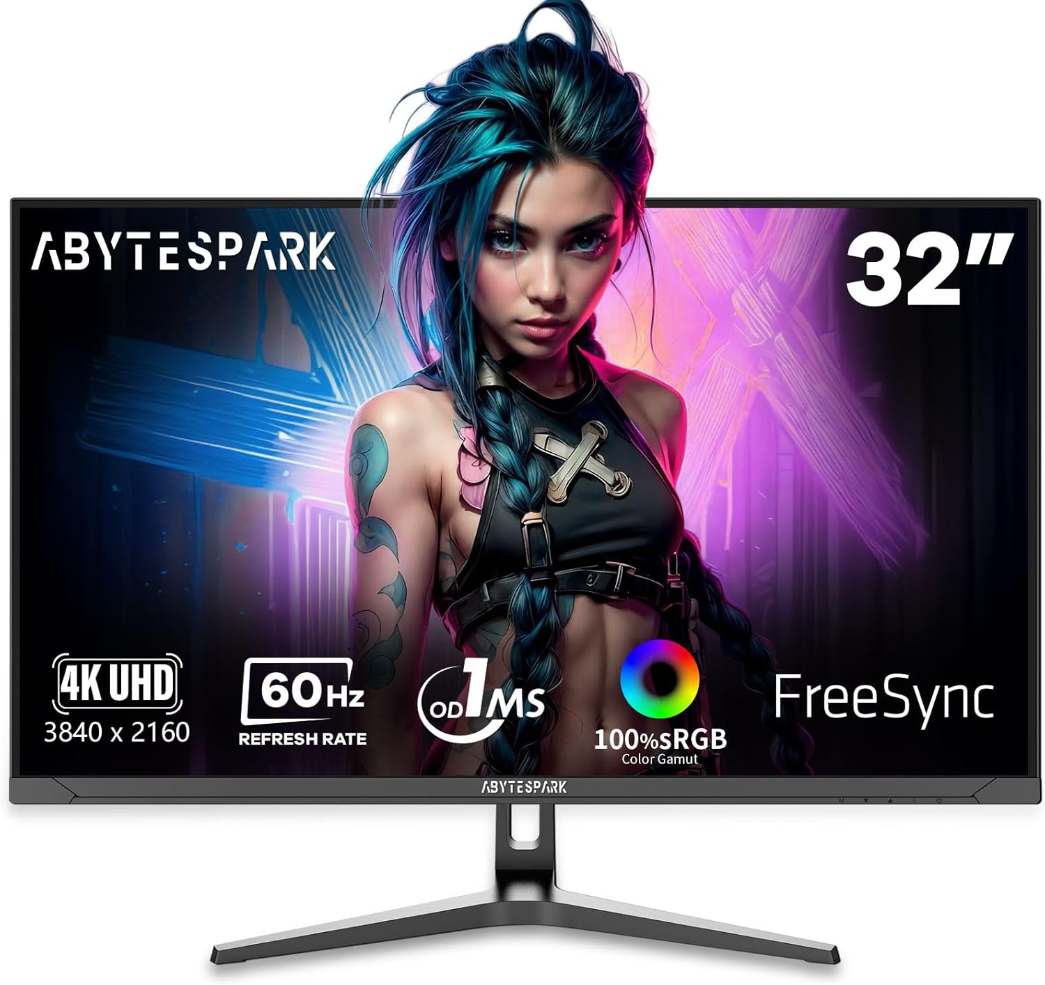 abytespark 32 Inch Ultra Wide UHD 4K (3840 x 2160) Gaming Monitor, IPS 60Hz Ultra-Clear Screen, 1ms (MPRT), 100% sRGB, Built-in Speaker,FreeSync, 2 x DP 1.4 and 2 x HDMI 2.0, Tilt Height Adjustment