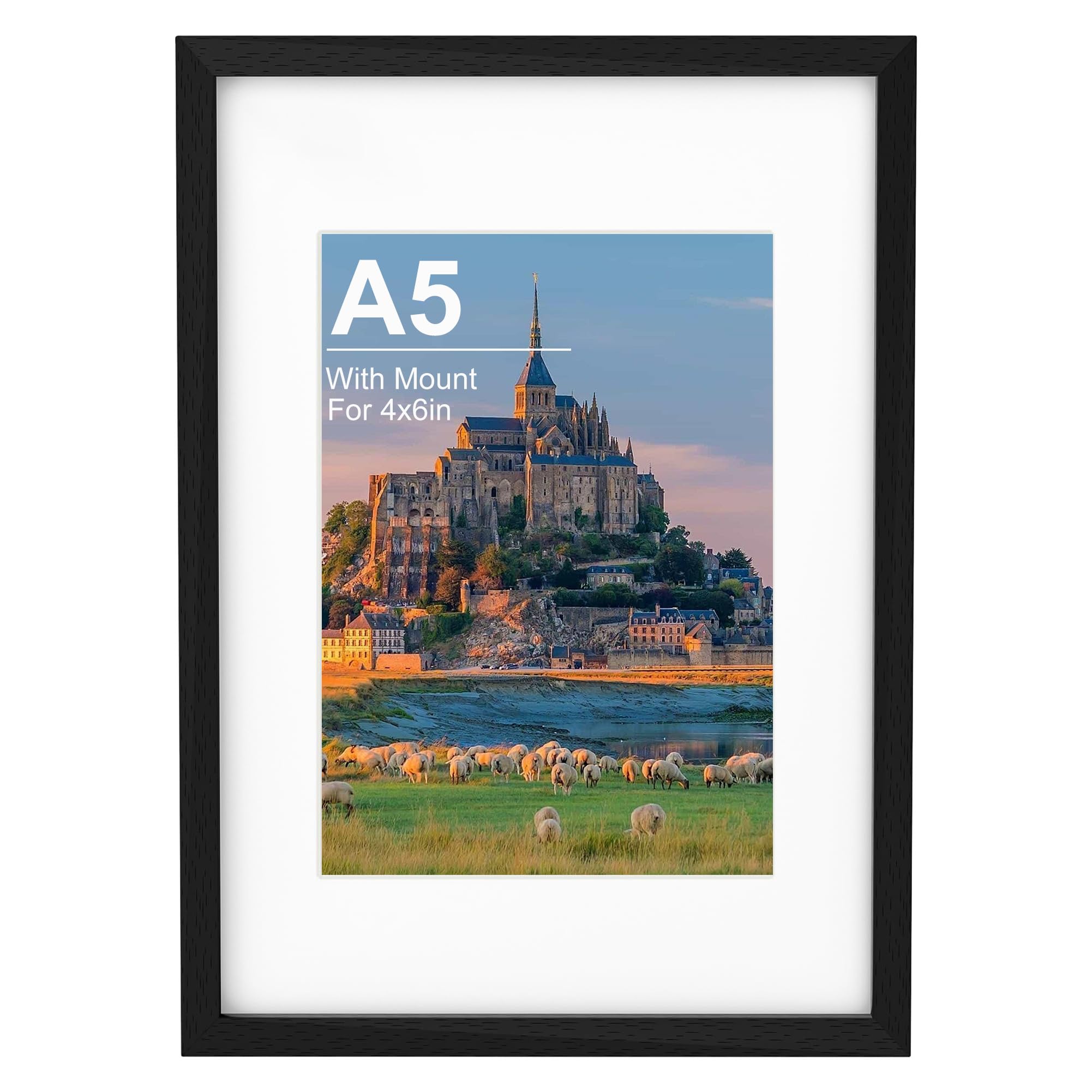 A5 Picture Frame, Black Wooden A5 Photo Frame 14.8x21 cm with 4x6 inches Mount, Poster Frame for Certificates and Artwork, Wall Mount Horizontal or Vertical — image 1
