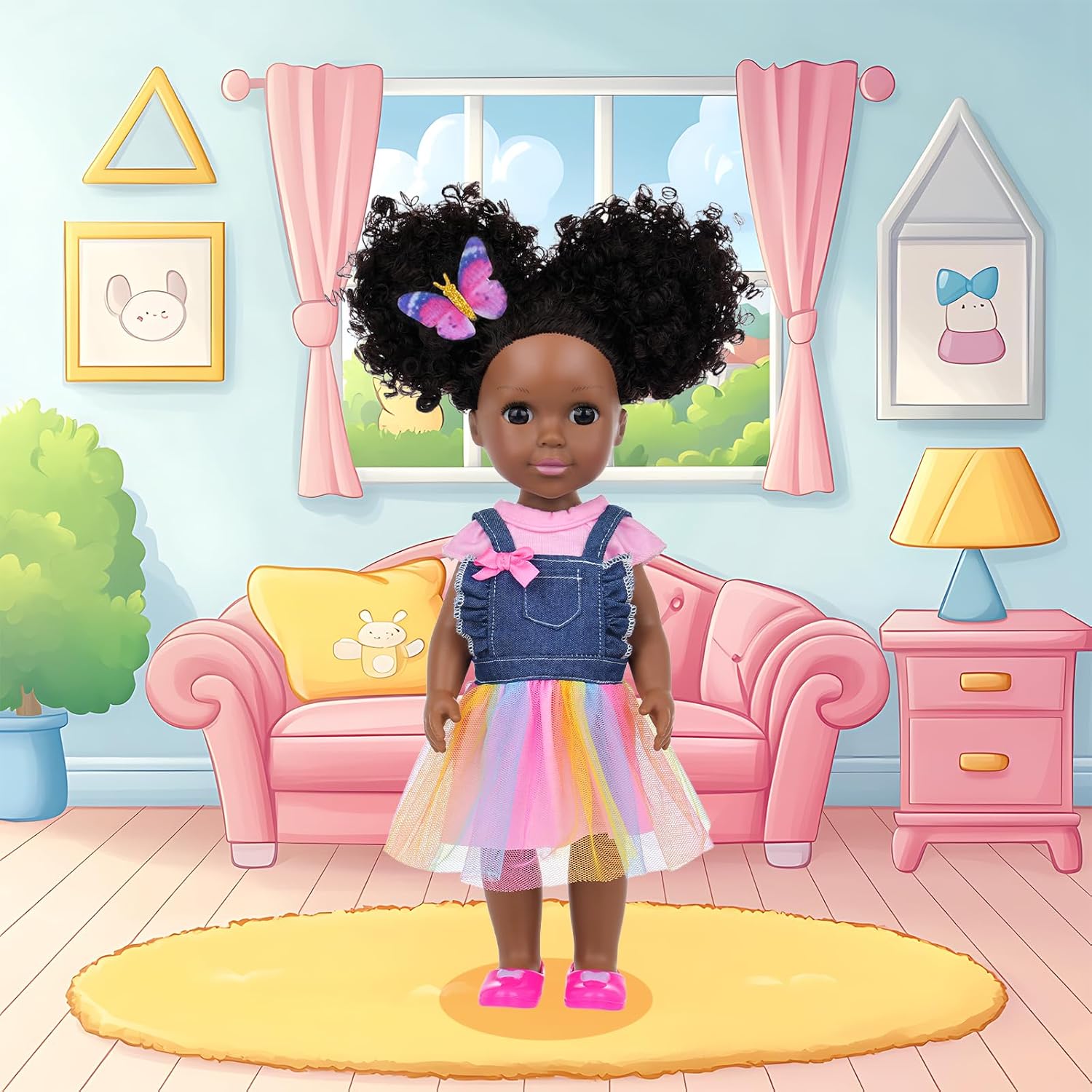 Ecore Fun 14.5 Inch Black Baby Doll with 12 Pcs Butterfly Theme Accessories - Realistic African Doll Black with Hair Clips, Comb, Mirror, Rainbow Dress, Pink T-Shirt, Phone, Stickers, Shoes